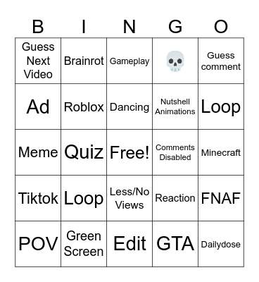 shorts Bingo Card