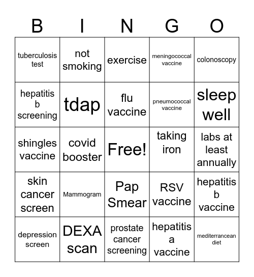 STAYING HEALTHY Bingo Card