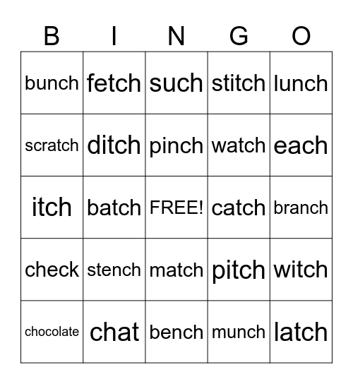 ch, tch words Bingo Card
