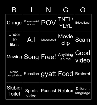 YouTube shorts Bingo Card