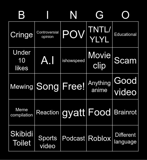 YouTube shorts Bingo Card