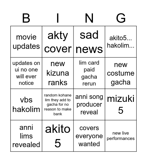 stream updates ; Bingo Card