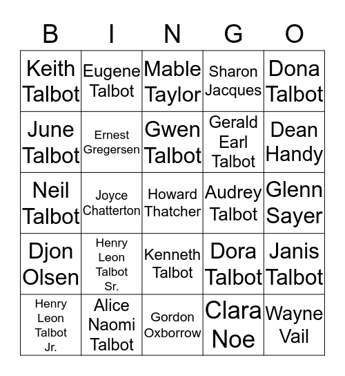 Talbot  Ancestor Bingo Card