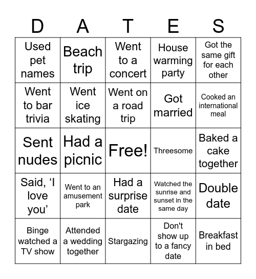 Dates and Relationships Bingo Card