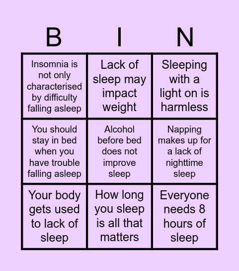 Sleep Hygiene Bingo Card