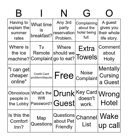 Comfort Inn Bingo  Bingo Card