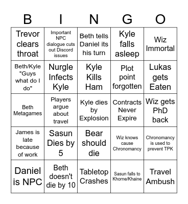 Skitter and Skreech Bingo Card
