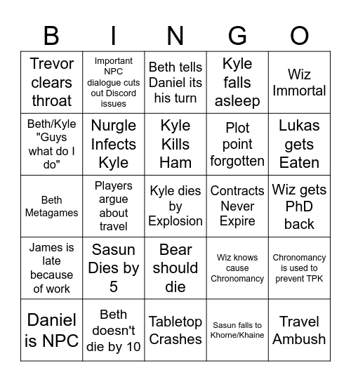 Skitter and Skreech Bingo Card