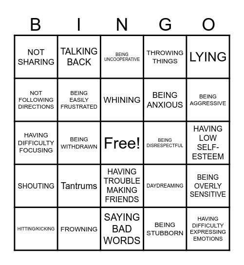 Behavior Bingo Card