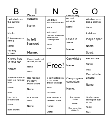 Get to Know You Bingo!  Find someone who... Bingo Card