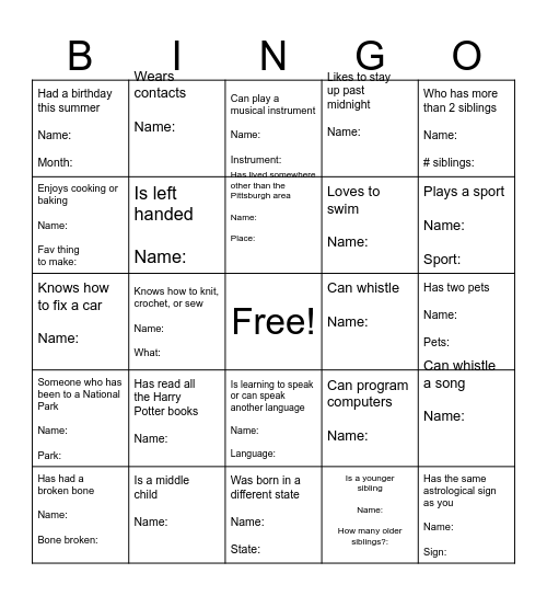 Get to Know You Bingo!  Find someone who... Bingo Card