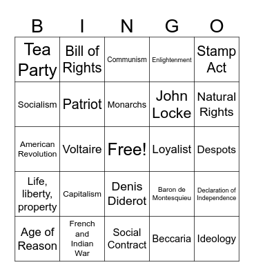 American Revolution Bingo Card