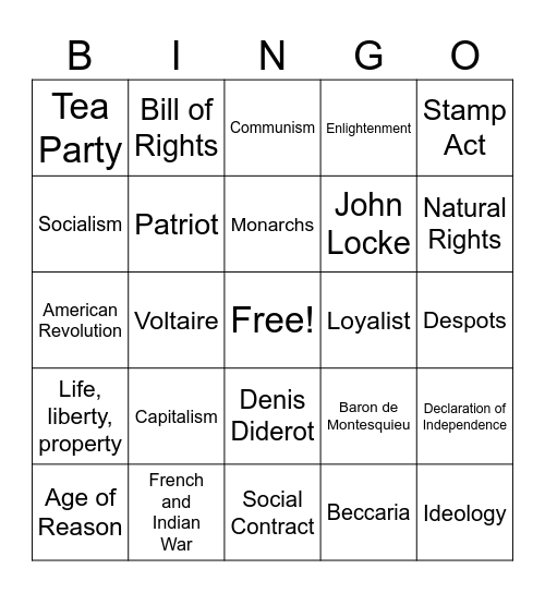 American Revolution Bingo Card