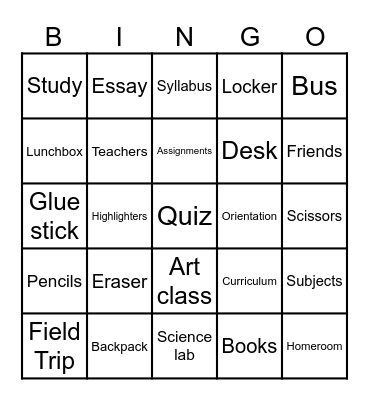 Back To School Bingo Card