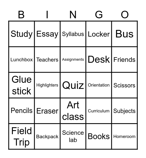 Back To School Bingo Card