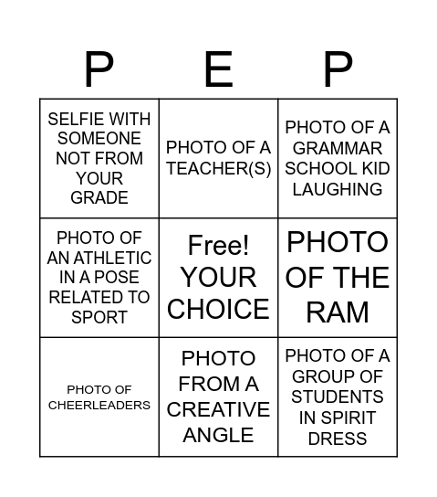 Yearbook Photo Scavenger Hunt Bingo Card