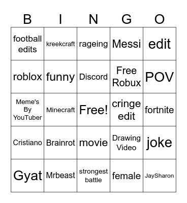 YouTube Shorts Bingo Card