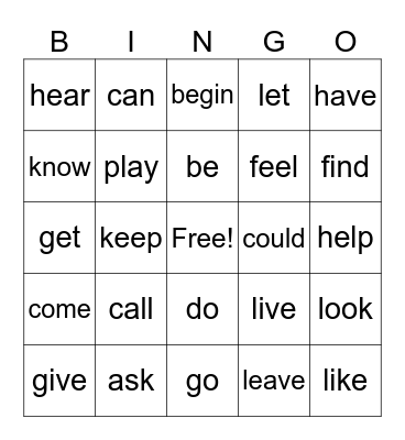 VERBS Bingo Card