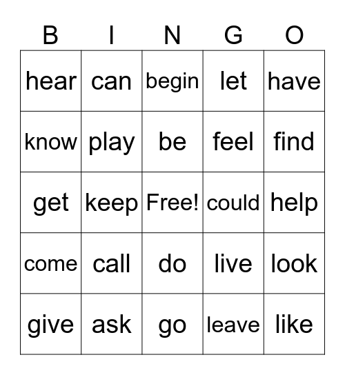 VERBS Bingo Card