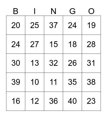 Number Bingo Card