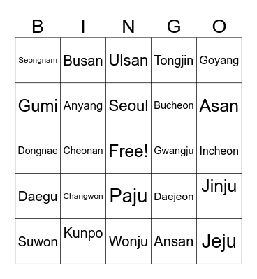 Korean Cities Bingo Card