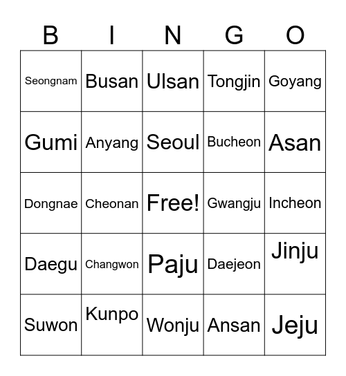 Korean Cities Bingo Card