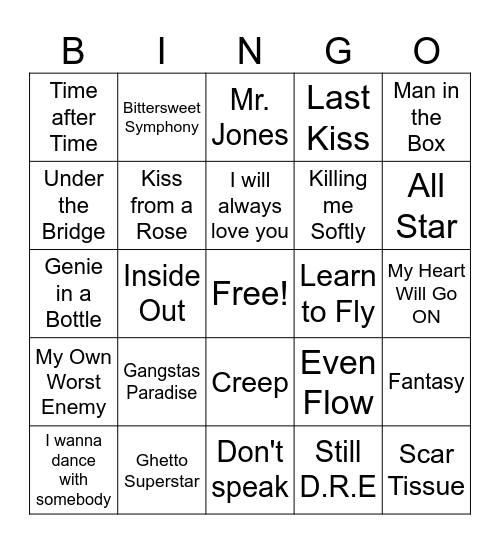 90s Hits Bingo Card
