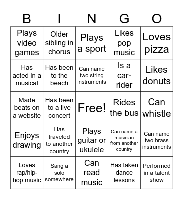 6th Grade Chorus Bingo Card