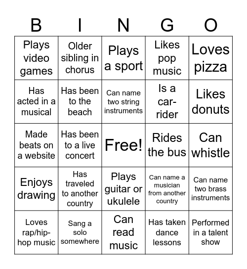 6th Grade Chorus Bingo Card