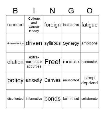 Back to School Vocabulary Bingo Card