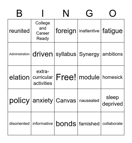 Back to School Vocabulary Bingo Card