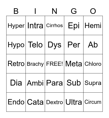 Medical Terminology Bingo Card