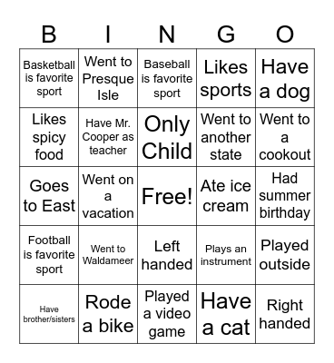 Exercise Bingo Card