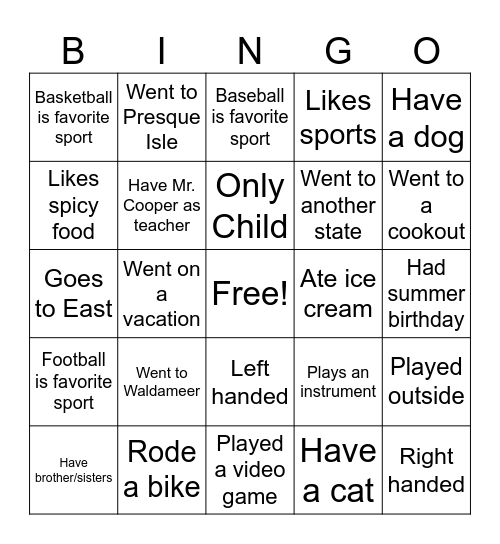 Exercise Bingo Card