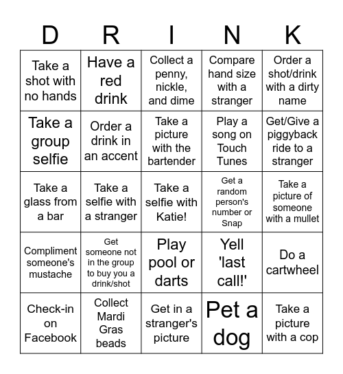 Katie's Birthday DRINKO Bingo Card