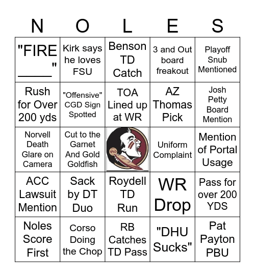 Gameday Bingo Card