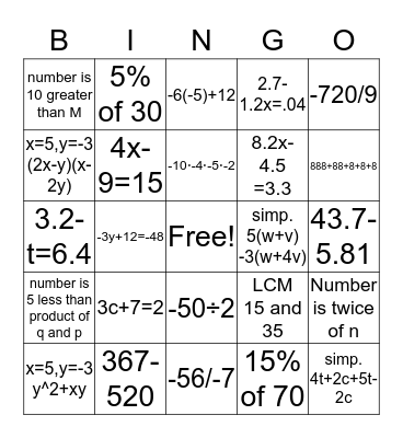 MATH BINGO Card