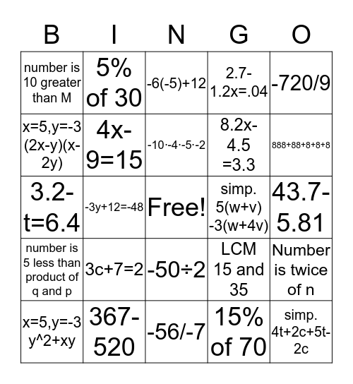MATH BINGO Card