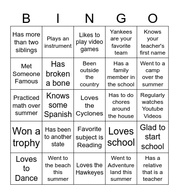 First Day of School Bingo Card