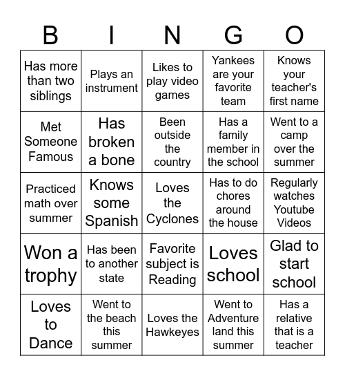 First Day of School Bingo Card