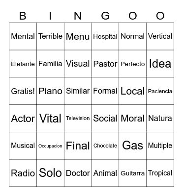 Cognates Bingo Card