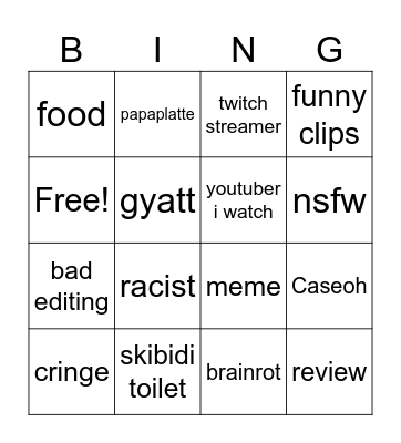 Youtube shorts Bingo Card