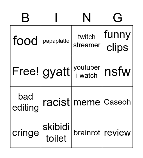 Youtube shorts Bingo Card