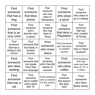 Get to Know Your Classmates Bingo Card