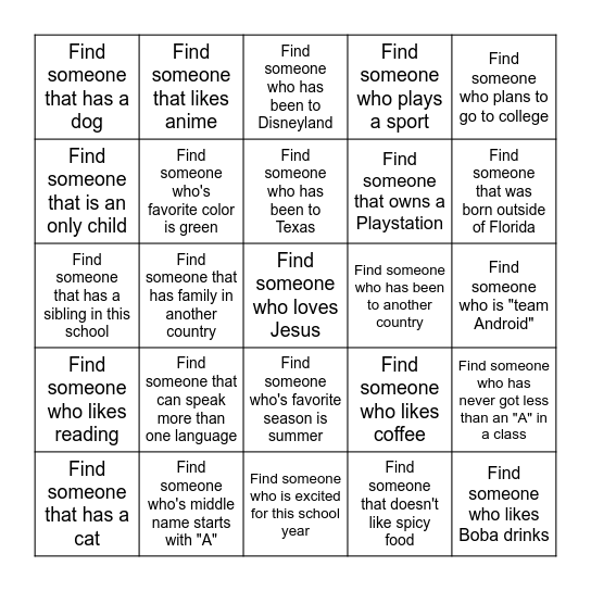 Get to Know Your Classmates Bingo Card