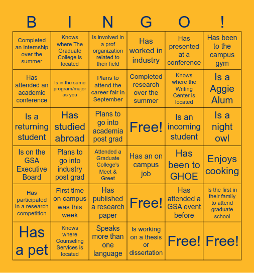 GSA: Graduate Student Meet & Greet Bingo Card