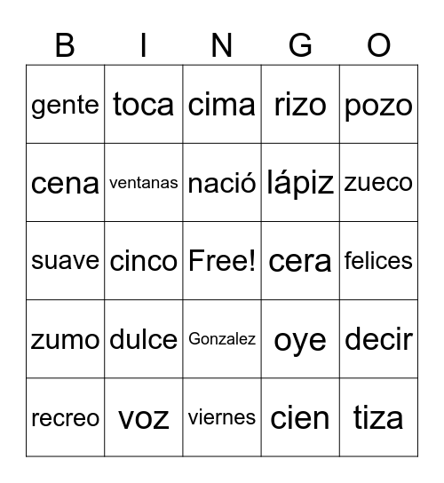 Ortografía U1S1 Bingo Card