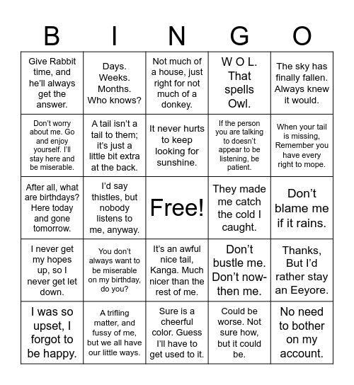 Eeyore Bingo Card