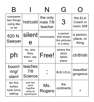 Day 1: ELA BINGO Card