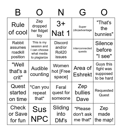 Zep bingo Card